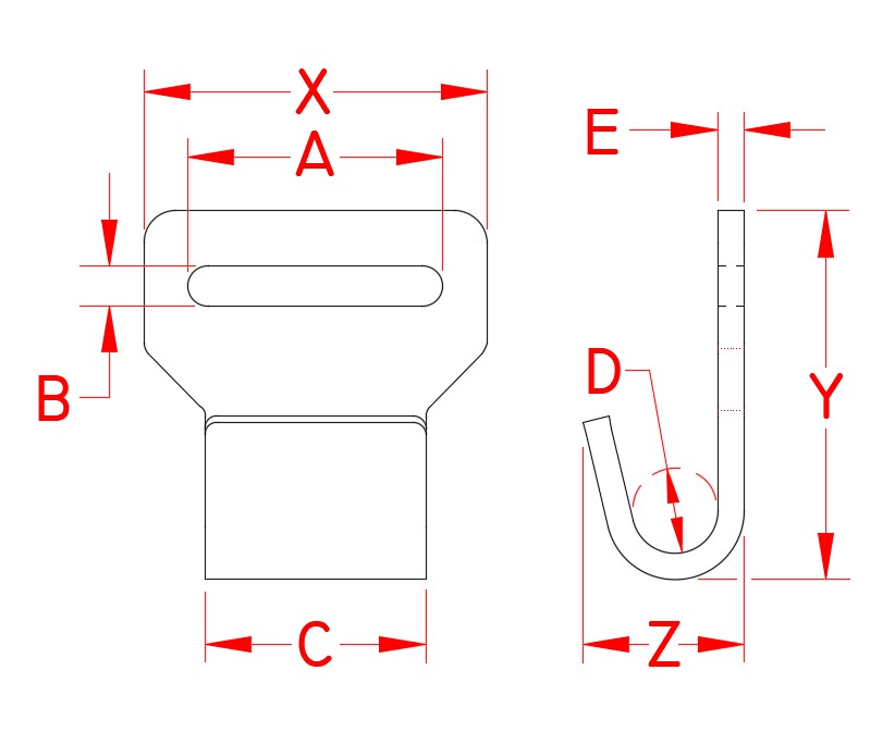 Stainless Steel Flat Web Hook, S0210-0025, S0210-0038, S0210-0050, Line Drawing